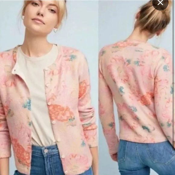 Anthropologie Sweaters - Pink Floral Crewneck Cardigan Sweater